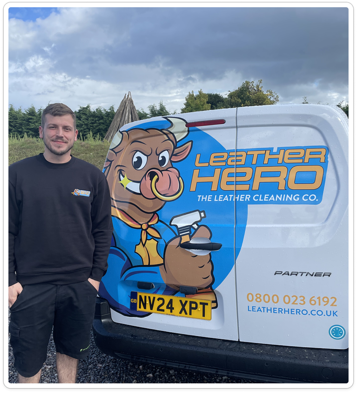 man with leather hero van