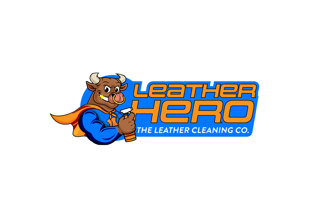 Leather Hero The Leather Cleaning Co. company logo with a mascot bull character.